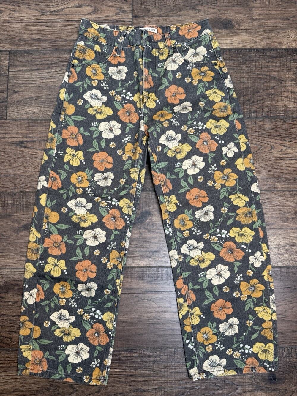 Free People Deep Trance Floral Printed Barrel Jeans Sz 27 Fall Boho